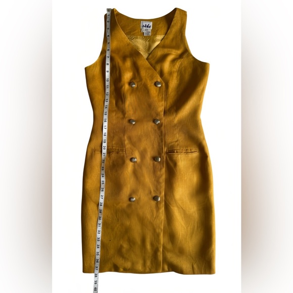 Sàke Vintage Mustard Yellow Linen Dress Sz 8 Lined Double-Breasted Sleeveless - Picture 8 of 8